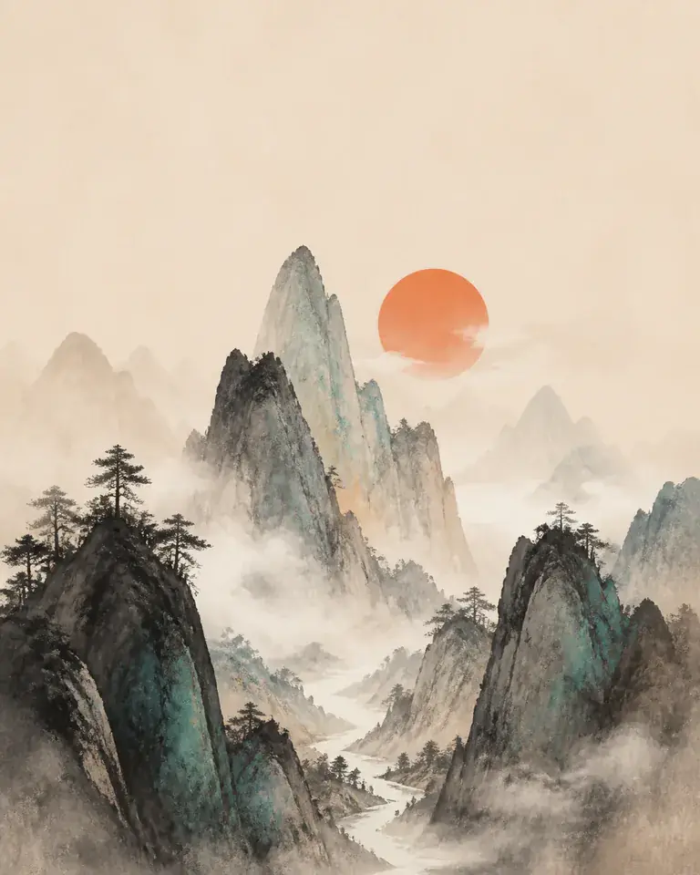 青绿山水、松树、薄雾和橙色太阳组成的东方插画
